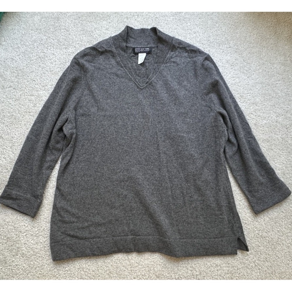 Jones New York Collection 100% Cashmere Sweater Women 2X Gray V-Neck 3/4 Sleeve